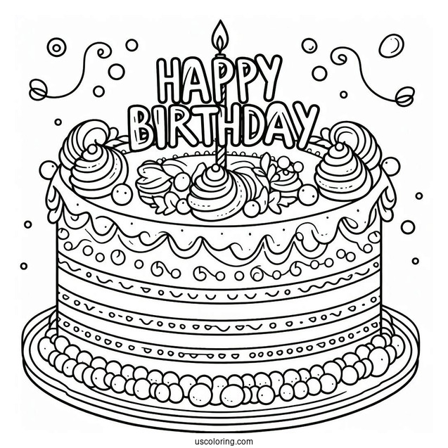 Cake With Happy Birthday Topper Coloring Sheet