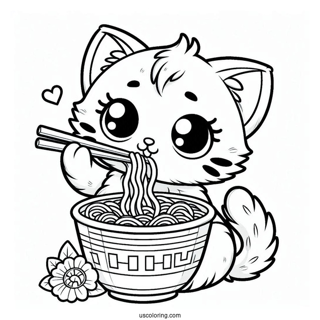 Cat Eating Ramen Coloring Page For Kids