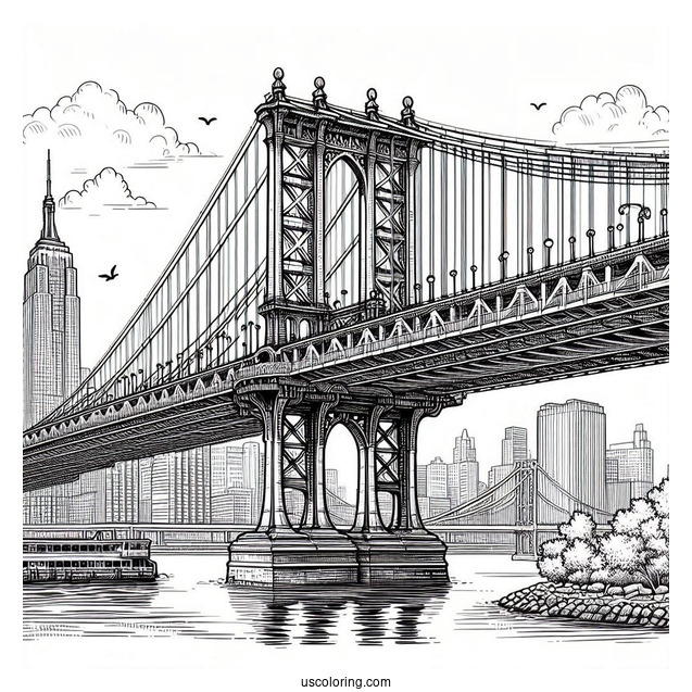 Realistic Manhattan Bridge In New York Coloring Page
