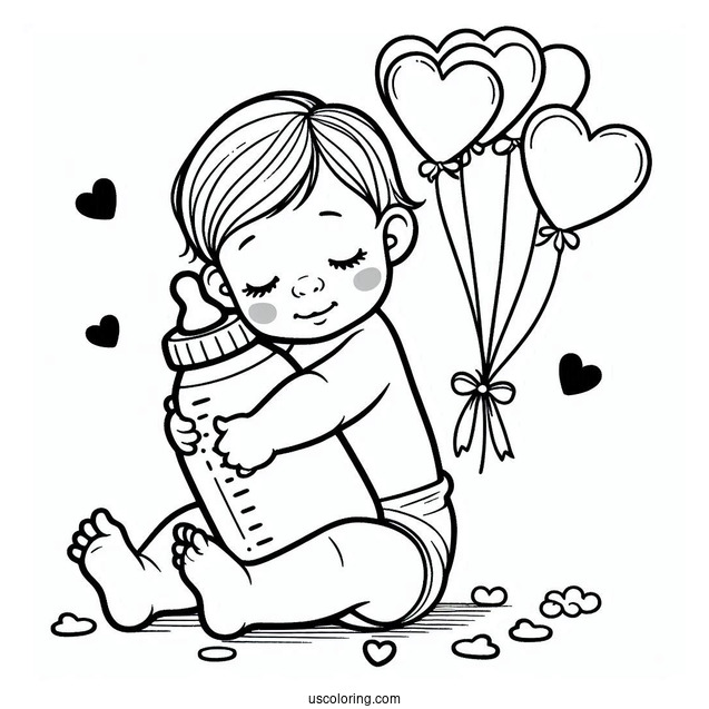 Baby Coloring Page Hugging Milk Bottle With Heart Balloons