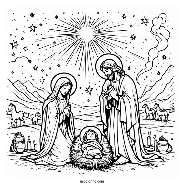 Birth Of Jesus With Virgin Mary Coloring Page