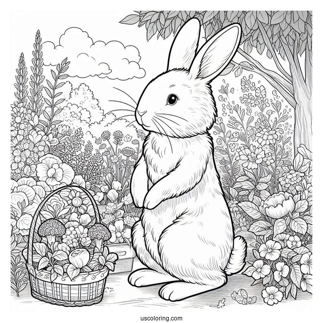 Detailed Peter Rabbit Coloring Page In The Garden For Kids