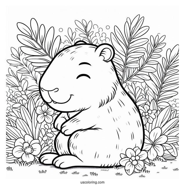 Kawaii Capybara Coloring Page Resting In Garden For Kids