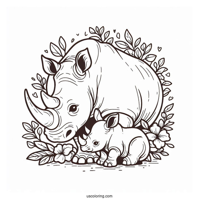 Coloring Page Of New Born Rhino And Mother