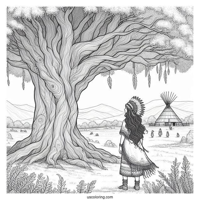 Realistic Native American Coloring Page Girl Standing Under Huge Tree