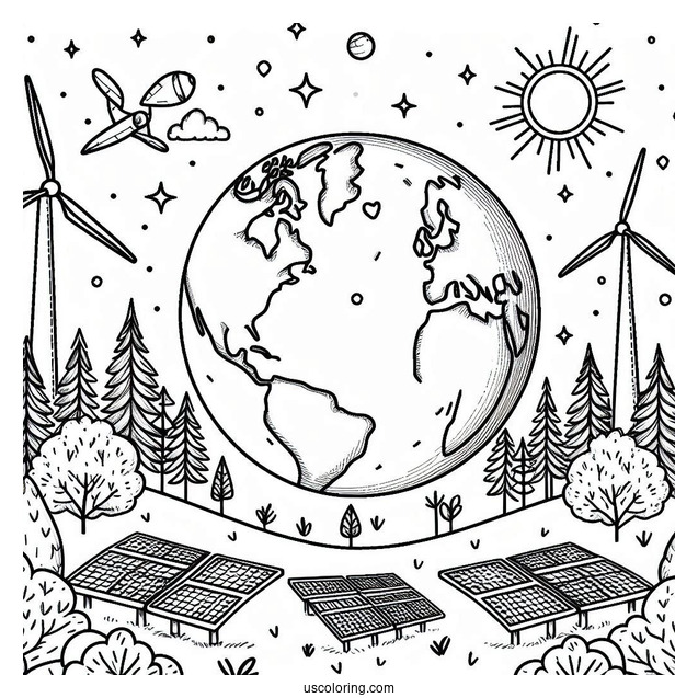 Earth Surrounded By Trees, Windmills, And Solar Panels