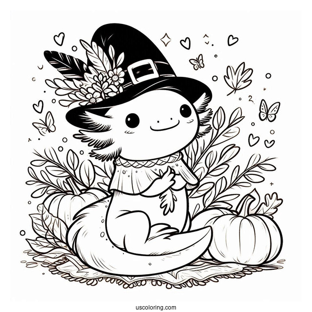Axolotl Coloring Page Dressed As A Pilgrim In Autumn