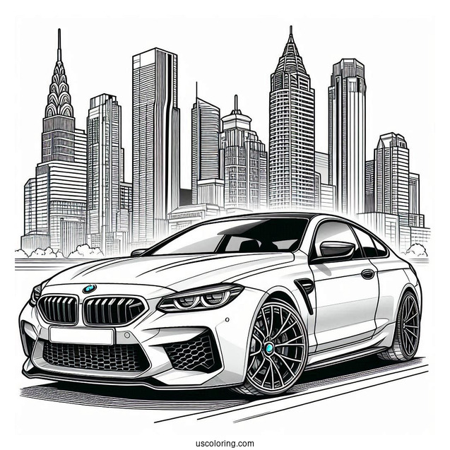 M6 BMW Coloring Page In Front Of Buildings