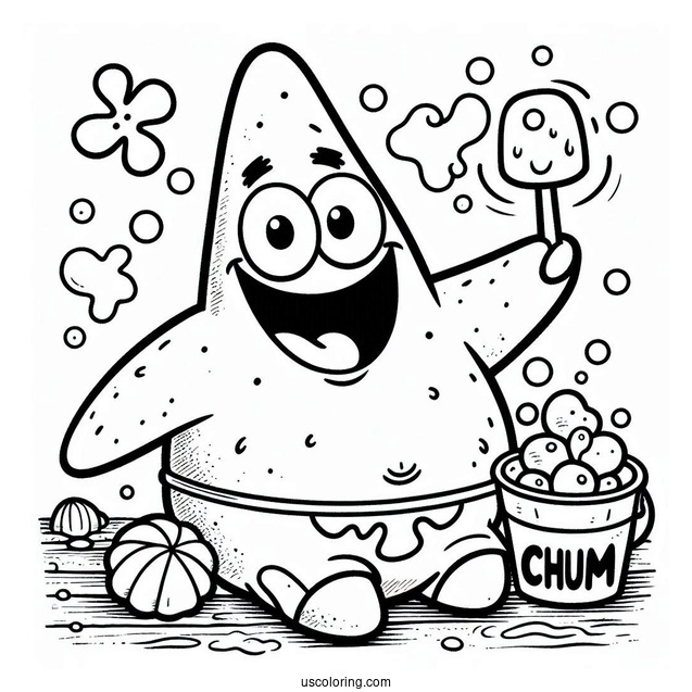 Smiling Patrick Star Coloring Page In Front Of Chum Bucket