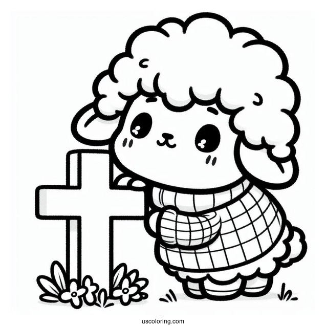 Kawaii Sheep In Sweater Leaning Over A Small Cross Coloring Page For Kids