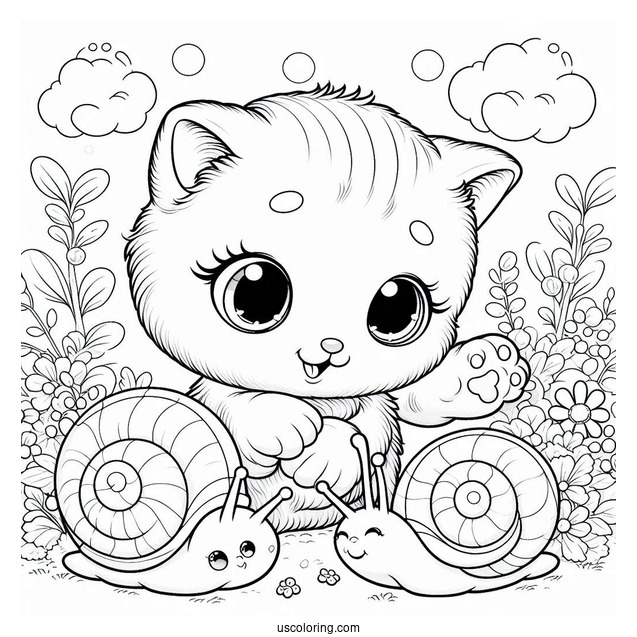Coloring Sheet Of Kitten Playing With Snails