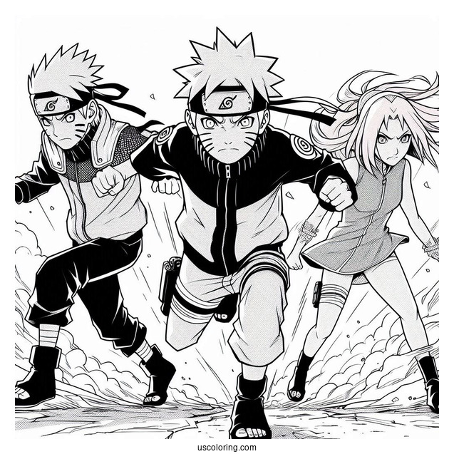 Naruto Coloring Page With Sasuke, Sakura, And Kakashi In Fight