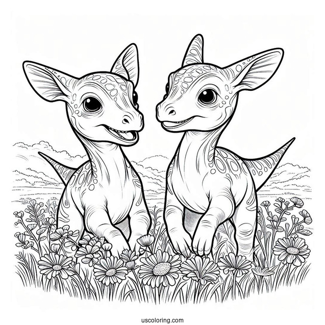 Two Young Parasaurolophus Coloring Page On A Field
