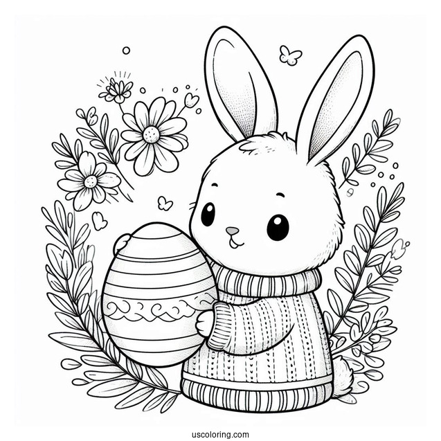 Pretty Bunny In Sweater Holding A Large Easter Coloring Page Of Egg