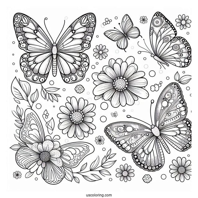 Full Page Butterflies With Flowers Coloring Page