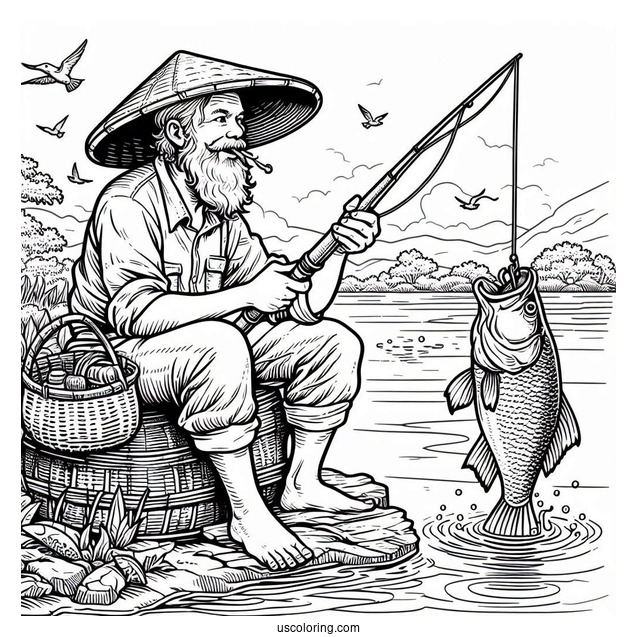 Fishing Coloring Page Of Man Catching Massive