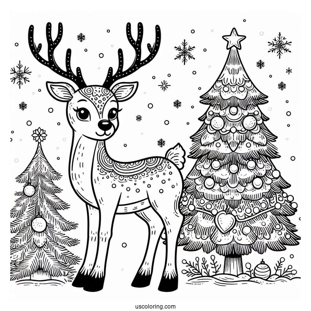 Adult Reindeer Next To Christmas Tree