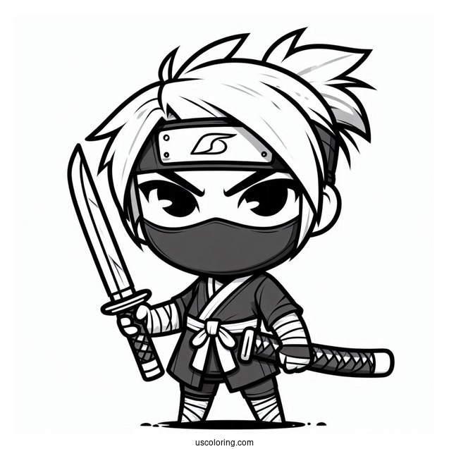 Serious Chibi Ninja With A Blade Coloring Sheet For Preschoolers