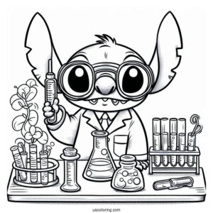 Science Coloring Page Of Mad Scientist Stitch With Goggles And Test Tube For Kids