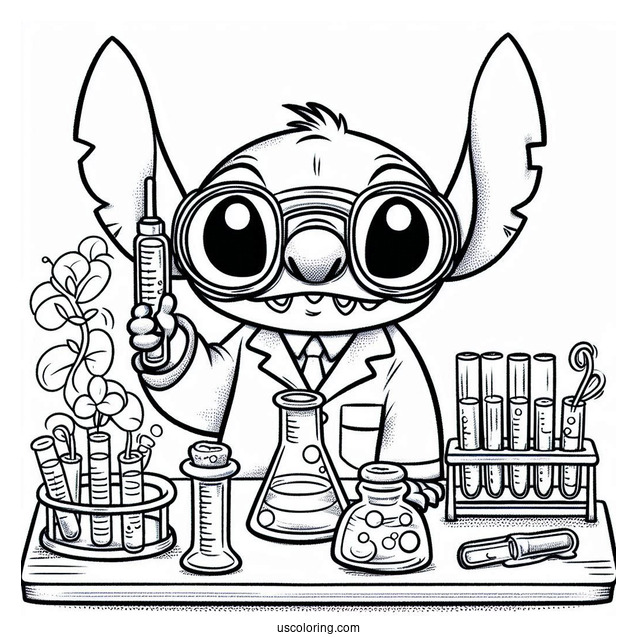 Science Coloring Page Of Mad Scientist Stitch With Goggles And Test Tube For Kids