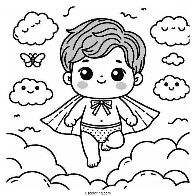 Super Baby Coloring Page In The Clouds