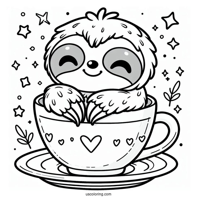 Kawaii Sloth Sitting In Teacup Coloring For Preschoolers