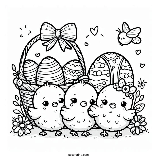 Easter Coloring Page Of Kawaii Chicks Standing Next To Easter Egg Basket For Kids