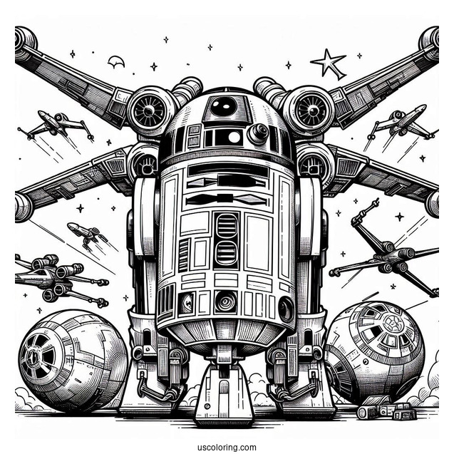 R2-D2 Coloring Page On Top Of X-Wing