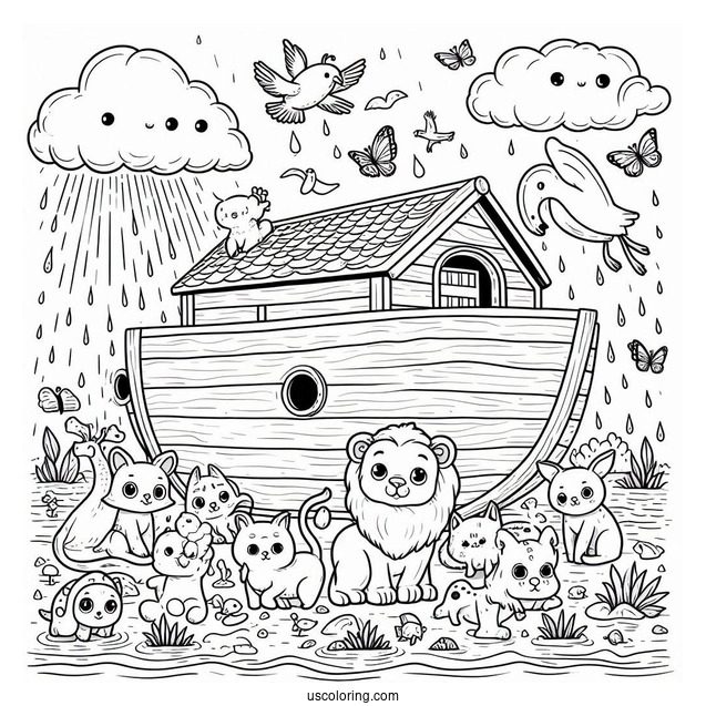 Simple Cartoon Noah's Ark Coloring Page Filled With Animals