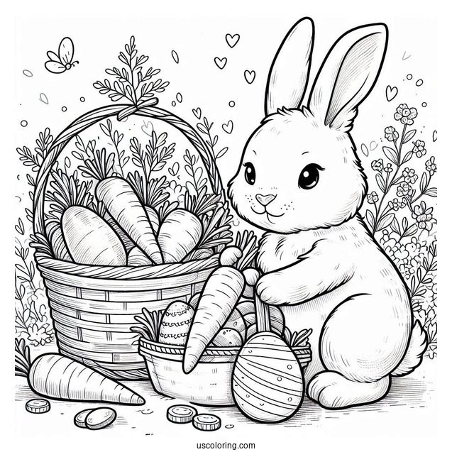 Easter Coloring Page Of Rabbits Harvesting Carrots And Easter Eggs