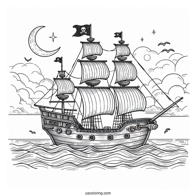 Pirate Ship Coloring Page On A Calm Sea For Kids