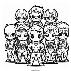 Chibi Justice League Coloring Page Of Heroes For Kids