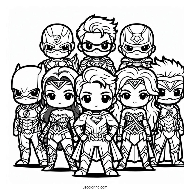 Chibi Justice League Coloring Page Of Heroes For Kids
