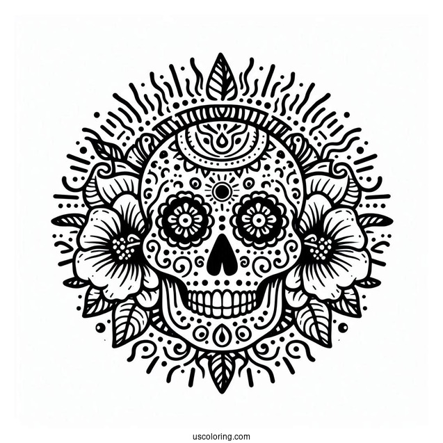 Sun And Hibiscus Patterns On Sugar Skull Eyes Coloring Page