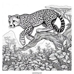 Detailed Cheetah Coloring Page Climbing Tree