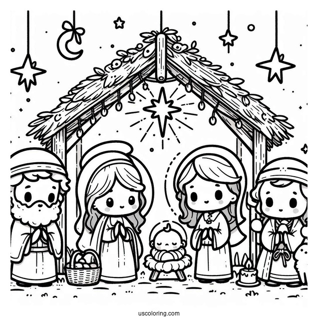 Nativity Coloring Page Of Easy Chibi Nativity For Kids
