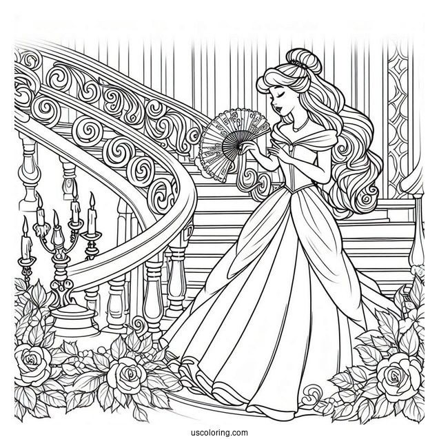 Sleeping Beauty Coloring Page On The Staircase With Belle Holding Fans
