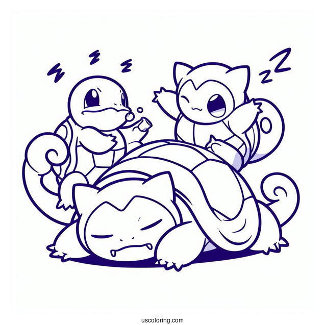 Squirtle And Lilligant Fighting On Stop Of Sleeping Snorlax Coloring Page