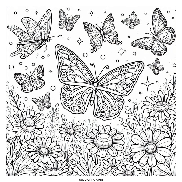 Several Butterflies Enjoying A Flower Field Coloring Page