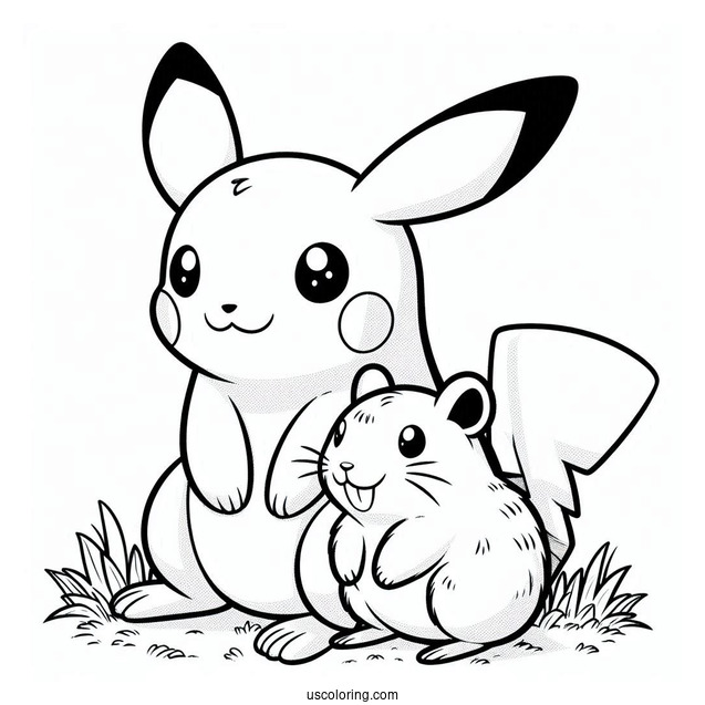 Pikachu Sitting On The Grass With A Capybara Coloring Page For Kids