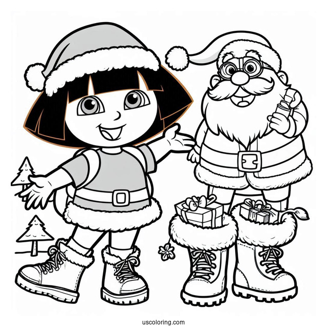 Dora With Boots And Santa Coloring Sheet