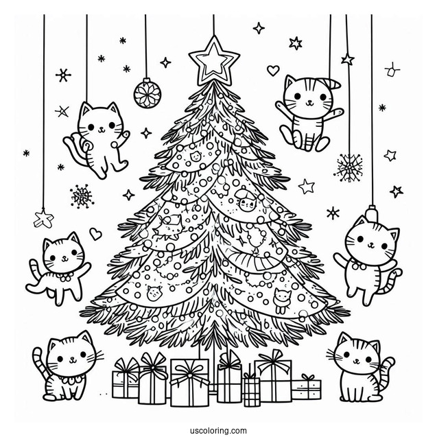Christmas Tree With Cats Coloring Page