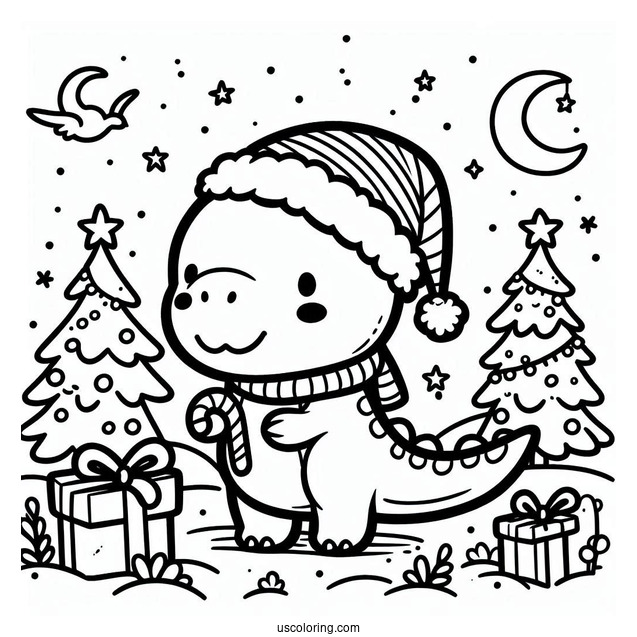 Cute Christmas Themed T-Rex Coloring Page
