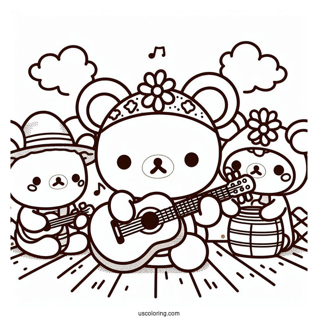 Rilakkuma Coloring Page Playing Guitar While Korilakkuma And Kiiroitori Listen For Kids