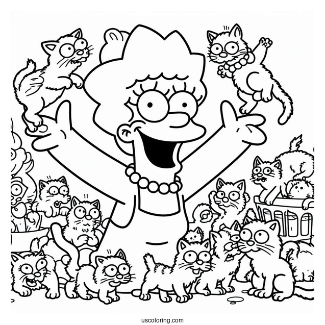 Simpsons Coloring Pages Of Crazy Cat Lady With Her Kittens