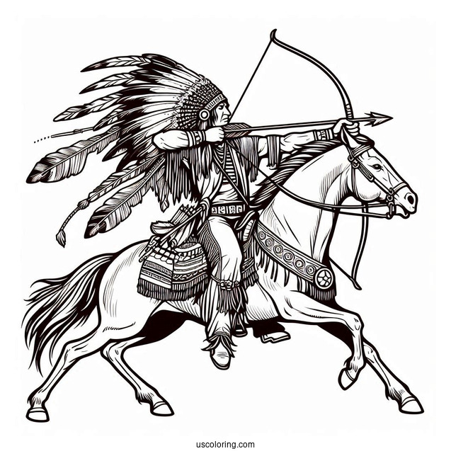 Native American Coloring Page Chief Shooting Arrow While Riding Horse