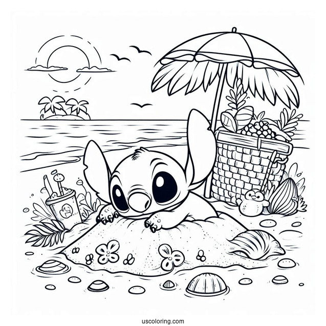 Stitch Burying Himself In The Sand At The Beach