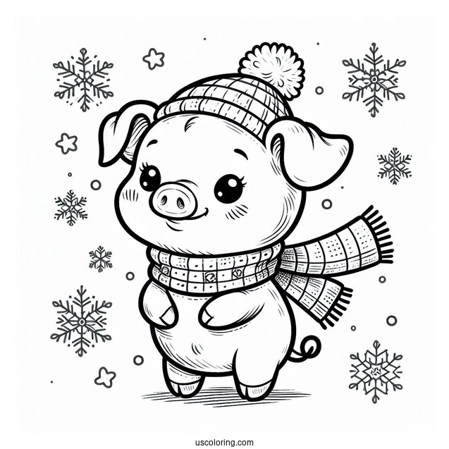 Piglet Coloring Page Wearing A Scarf in Winter