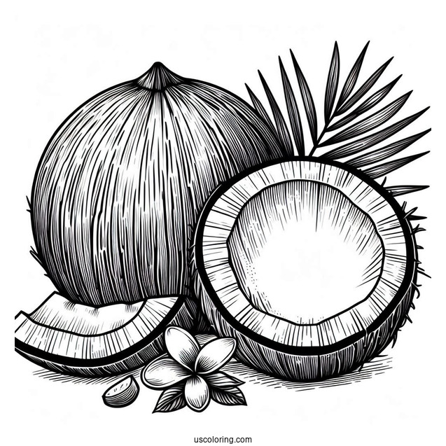 Realistic Whole And Half Coconut Coloring Page For Kids