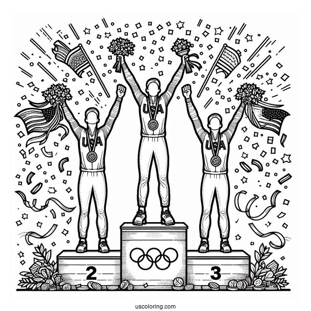 USA Olympics Coloring Page Champions On Tri level Podium With Confetti